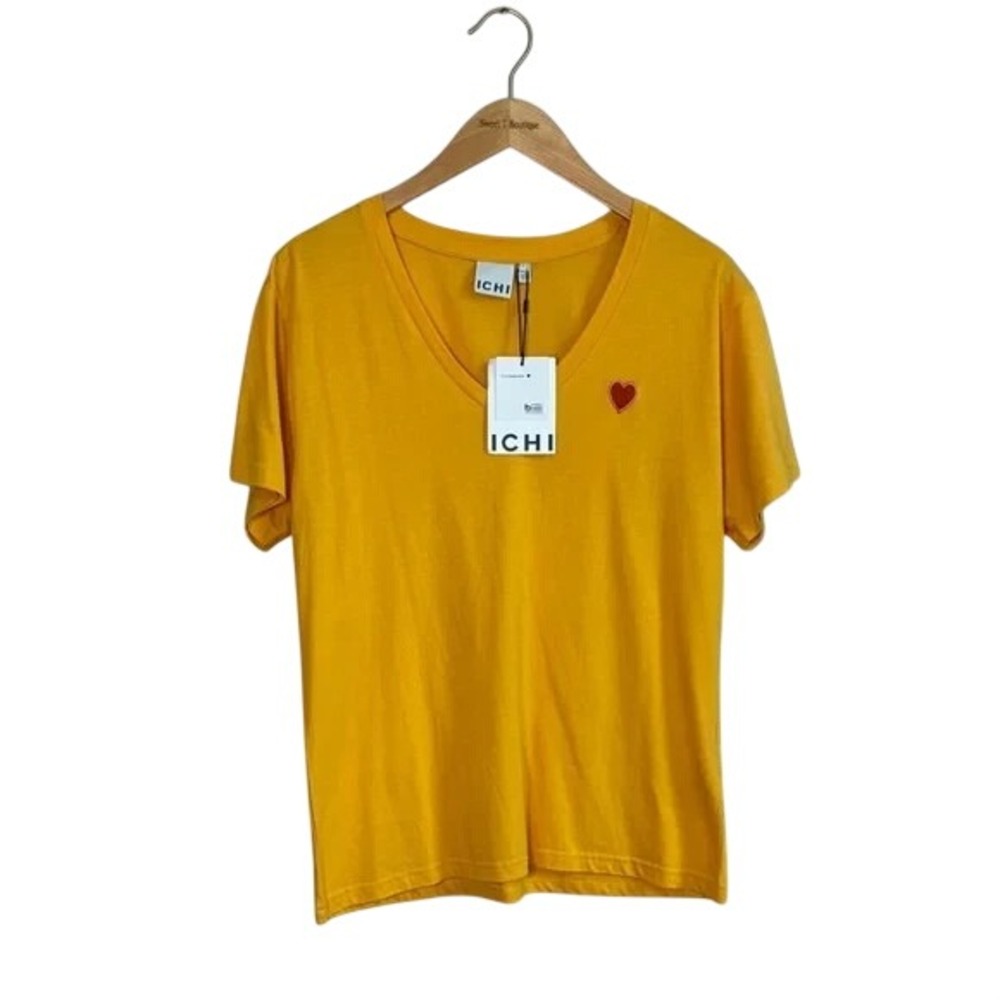 ICHI Women Large Beeswax IHKENNEDY Cotton Modal Vneck Short Sleeve Tee Heart New